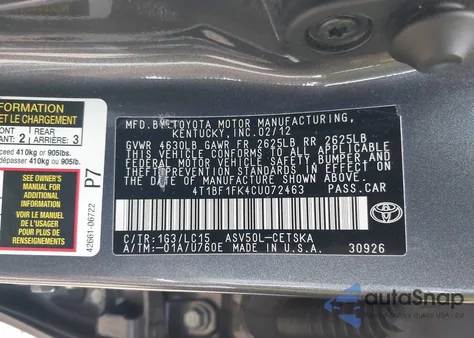 2012 Toyota Camry Se from USA, damaged, VIN 4T1BF1FK4CU072463